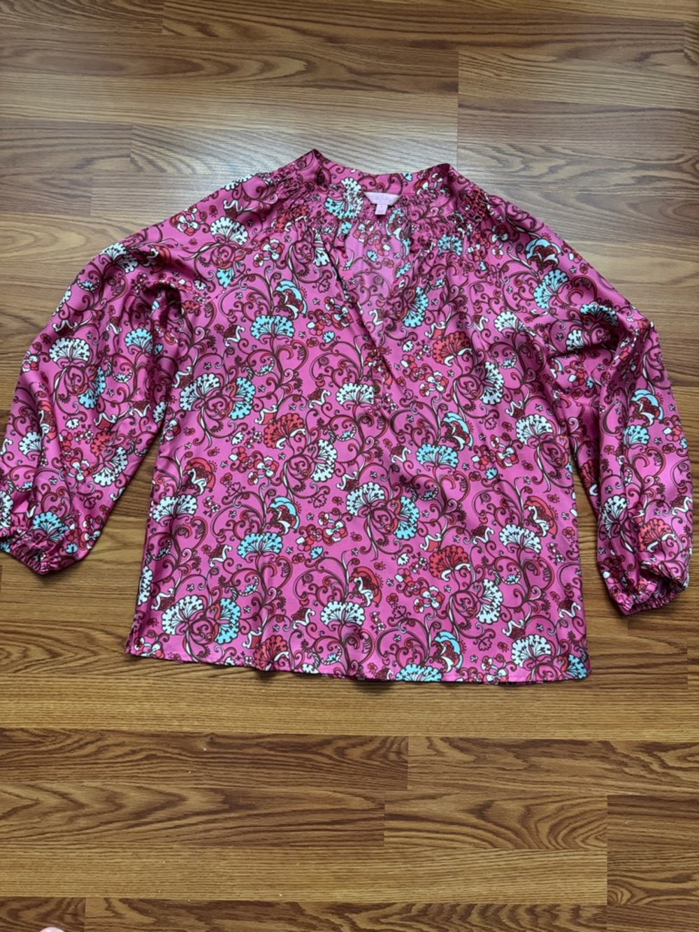 Lilly Pulitzer Elsa Hotty Pink Floral Blouse “Ring My Chimes”
